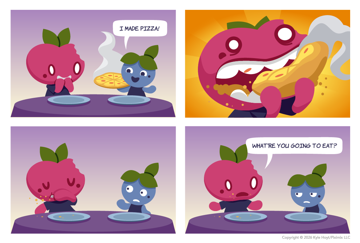 Appley pigs out on pizza